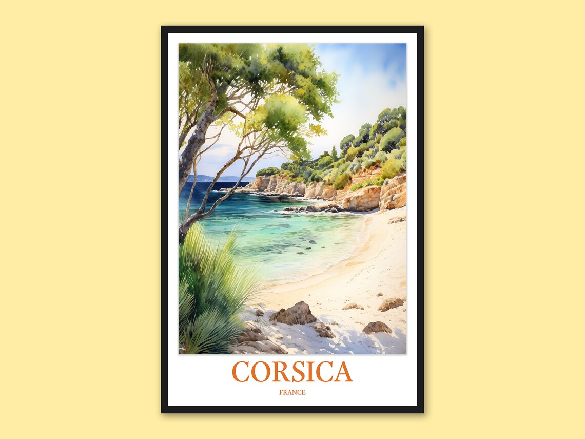 Corsica France Turquoise Cove Beach Watercolor Travel Poster