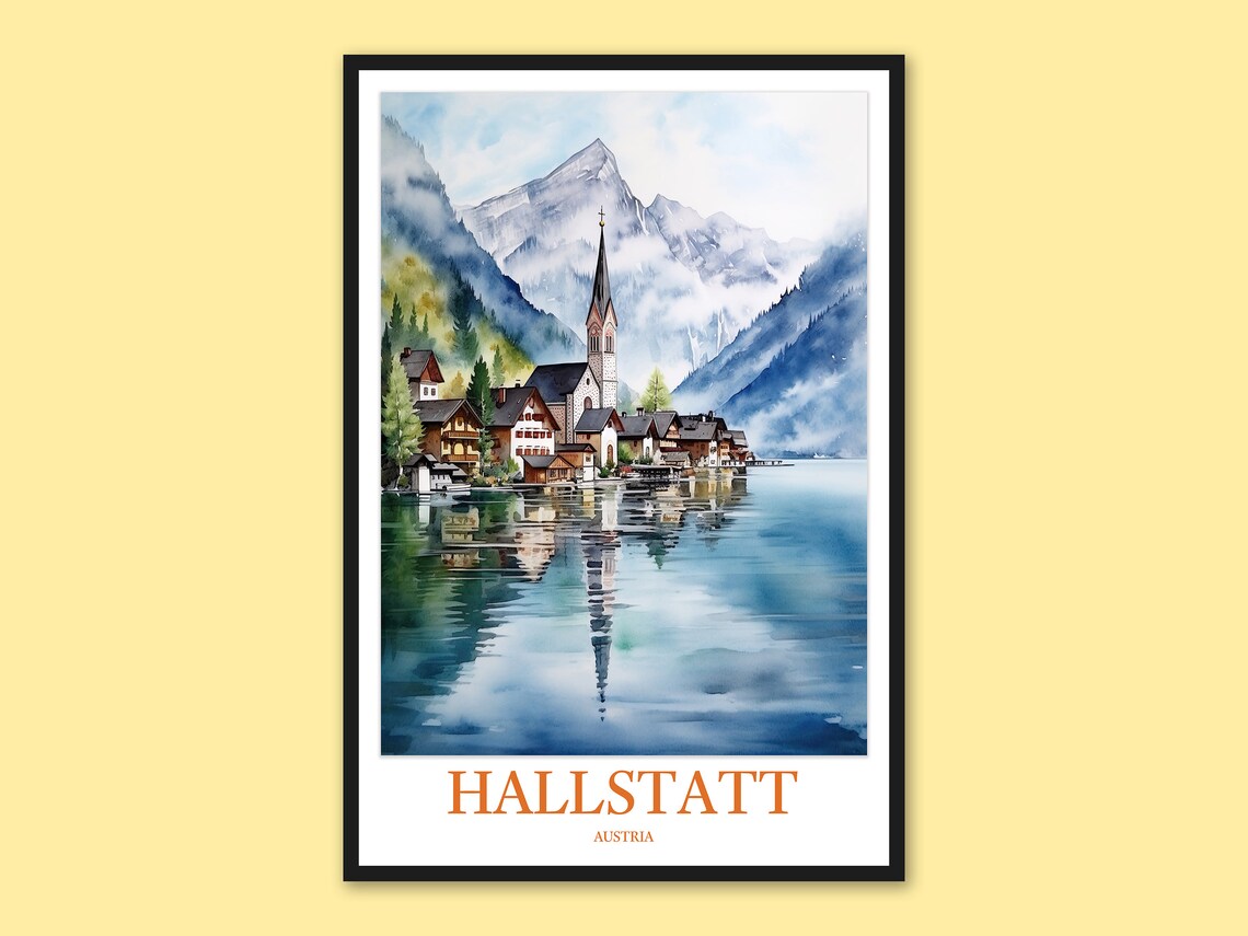 Hallstatt Austria Watercolor Lakeside Village Mountain Travel Poster