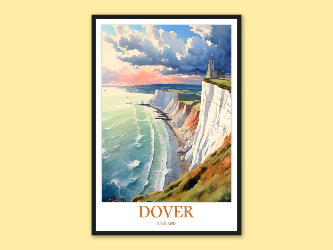 Dover White Cliffs Sunset Watercolor Cliff Top Building England Poster