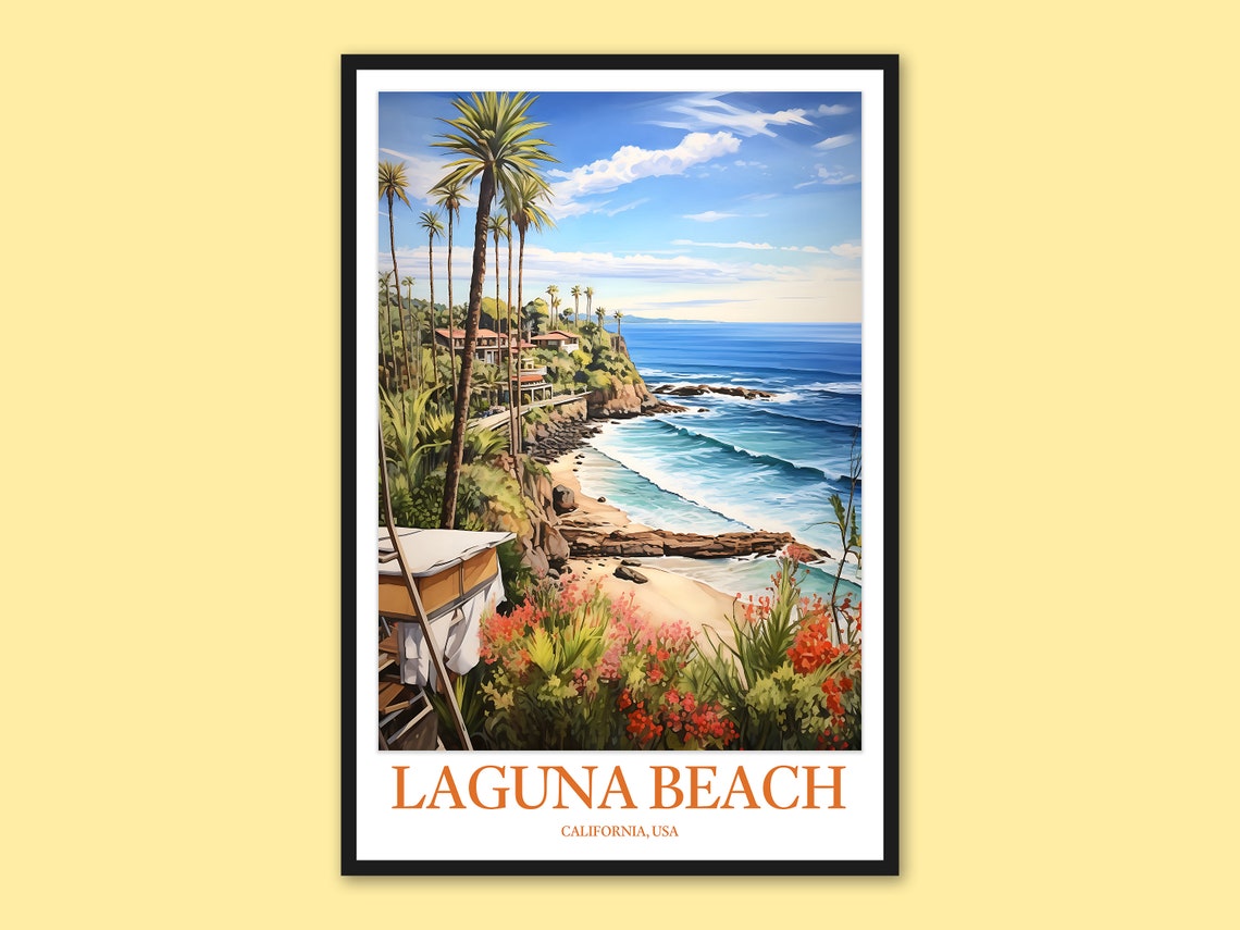 Laguna Beach California Flower Cliff Ocean View Watercolor Poster
