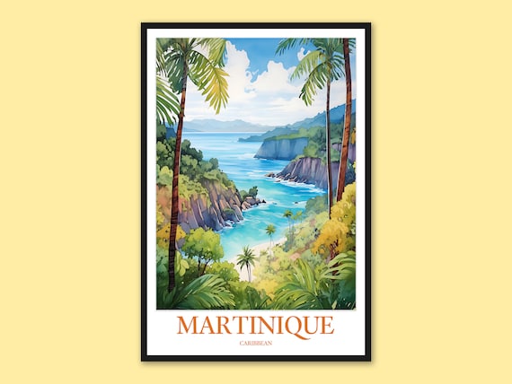 Martinique Caribbean Cliffs Palm Watercolor Island Travel Poster