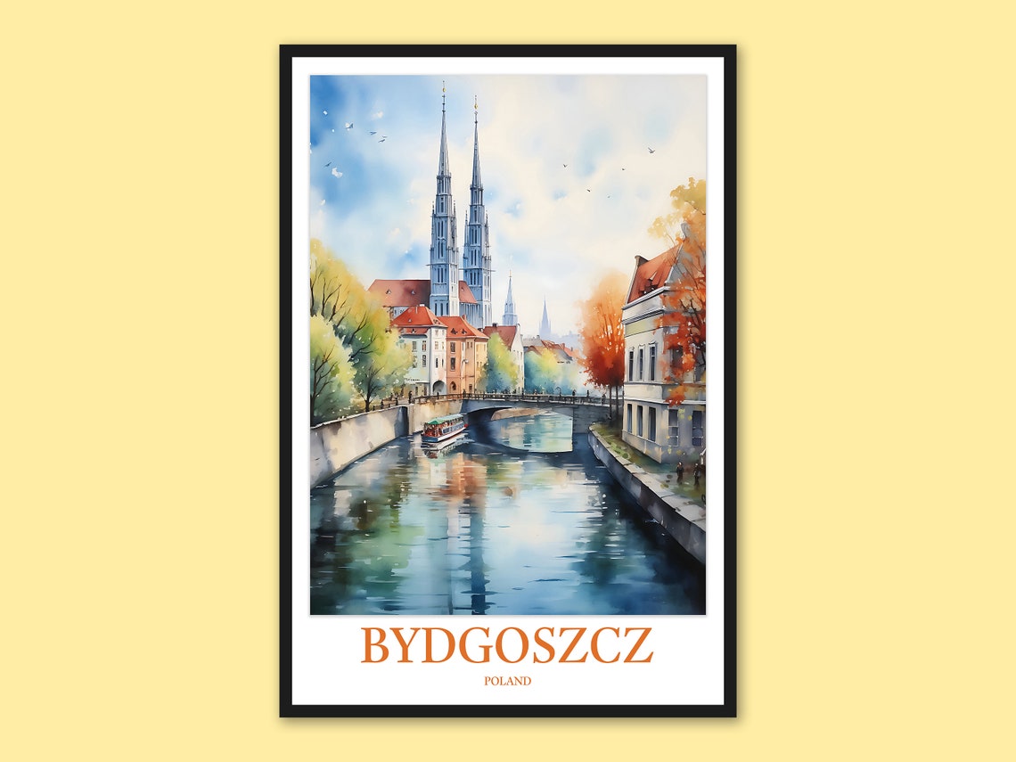 Bydgoszcz Poland River Cathedral Watercolor Travel Wall Poster
