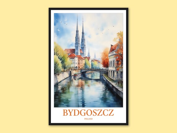 Bydgoszcz Poland River Cathedral Watercolor Travel Wall Poster