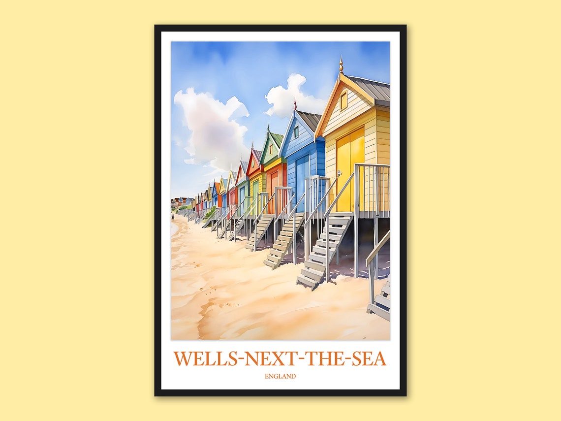 Wells next the Sea England Colorful Beach Huts Travel Poster