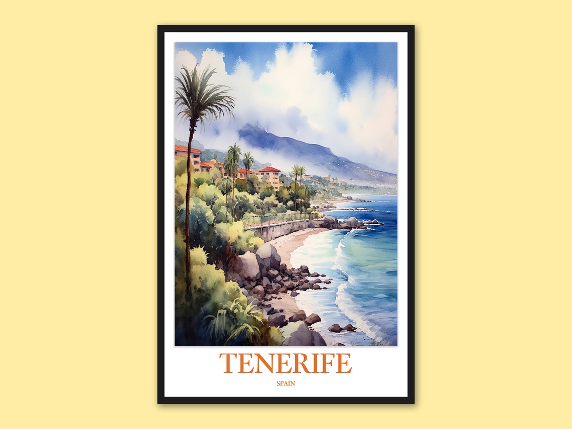 Tenerife Spain Palm Lined Promenade Mountain View Travel Poster