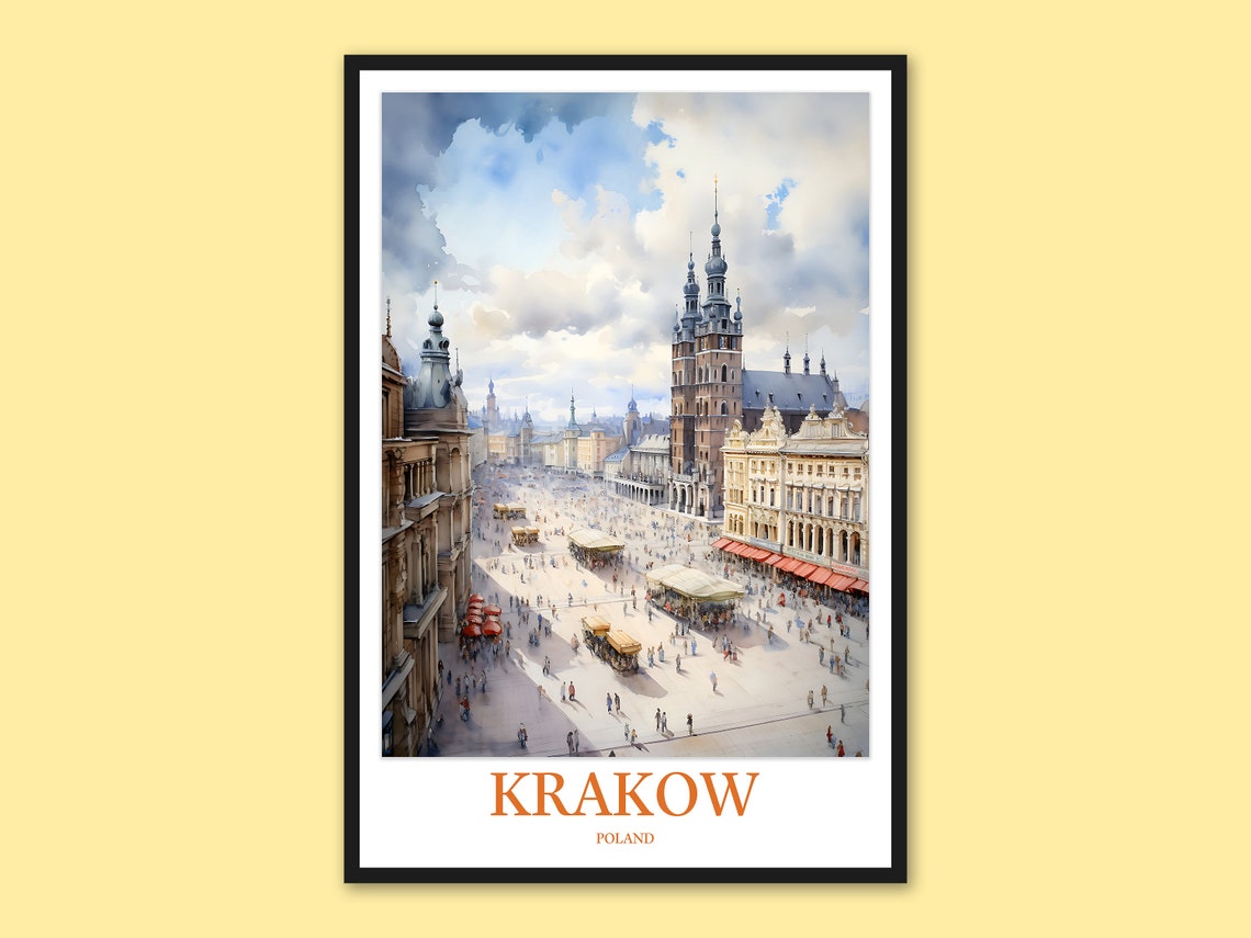 Krakow Poland Main Square Cloth Hall Bustling Daytime Travel Poster