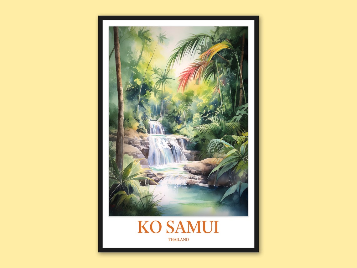 Ko Samui Thailand Tropical Jungle Waterfall Pool Watercolor Poster
