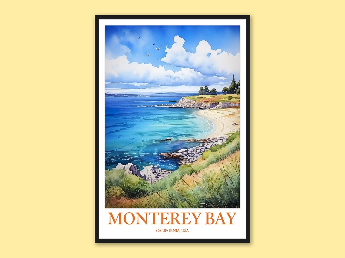 Monterey Bay California Watercolor Coastal Cove Beach Travel Poster