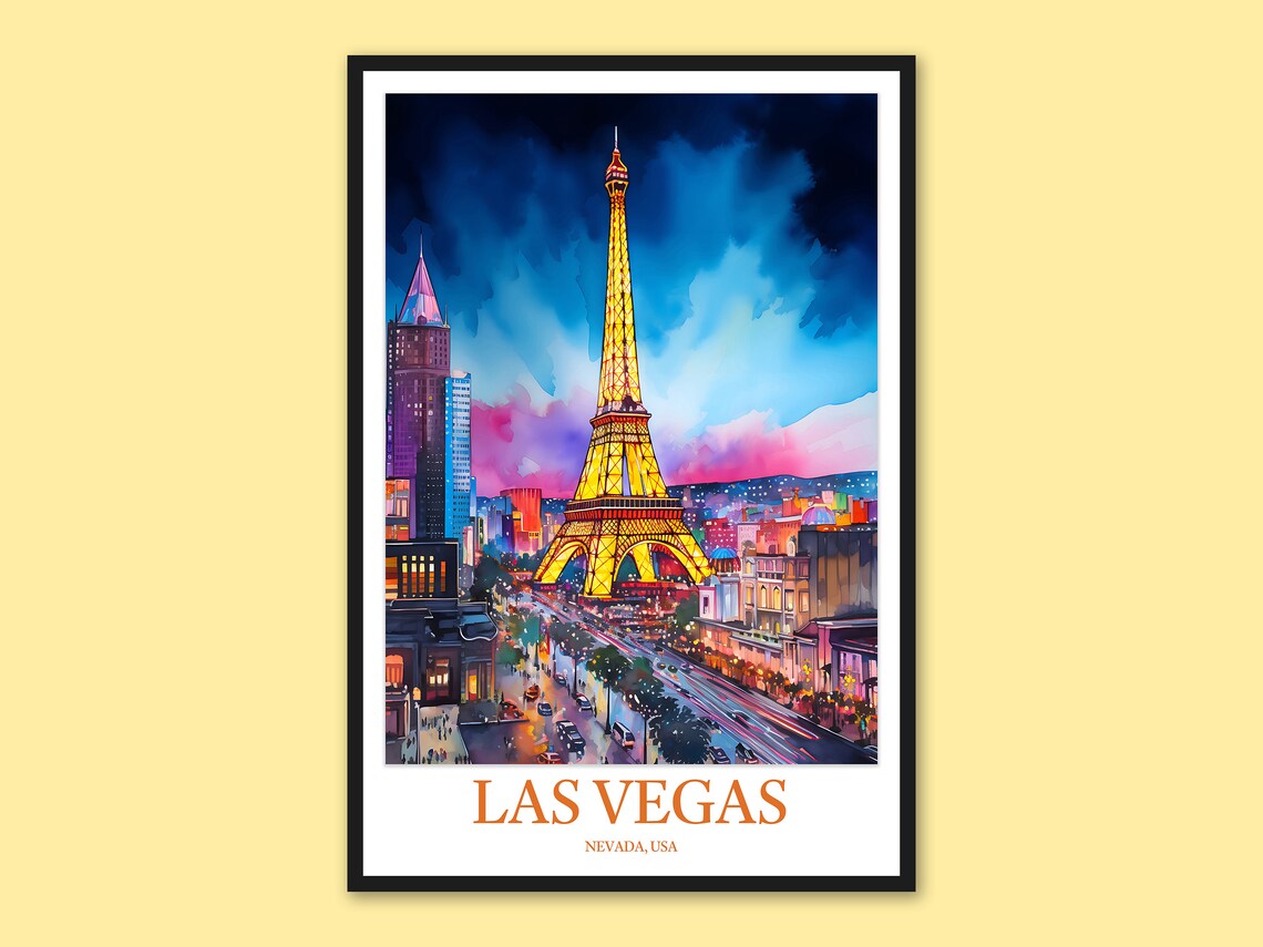 Las Vegas Eiffel Tower Pink Teal Night Sky Watercolor Poster