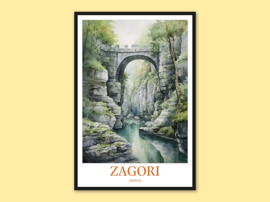 Zagori Greece High Arch Stone Bridge River Gorge Travel Poster