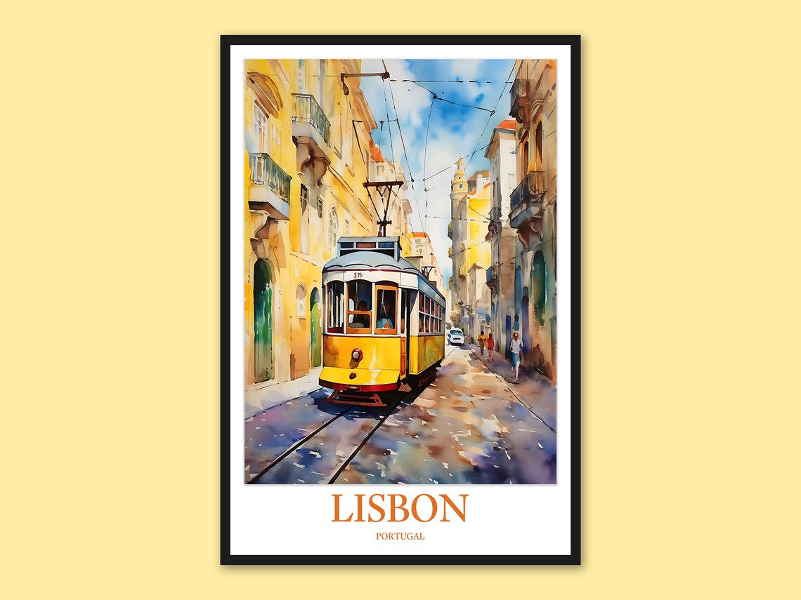 Lisbon Classic Yellow Tram Watercolor Portugal Travel Poster