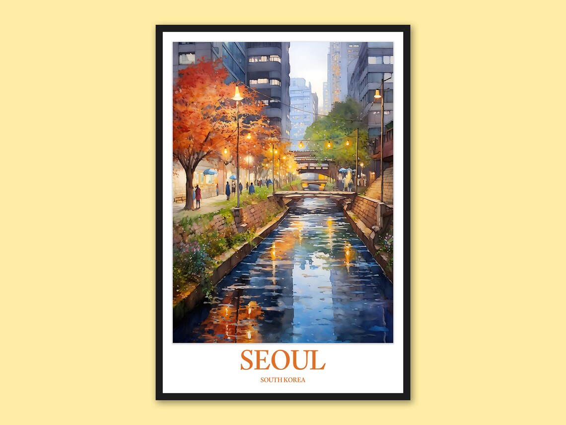 Seoul Cheonggyecheon Stream Autumn Night City Lights Watercolor Poster