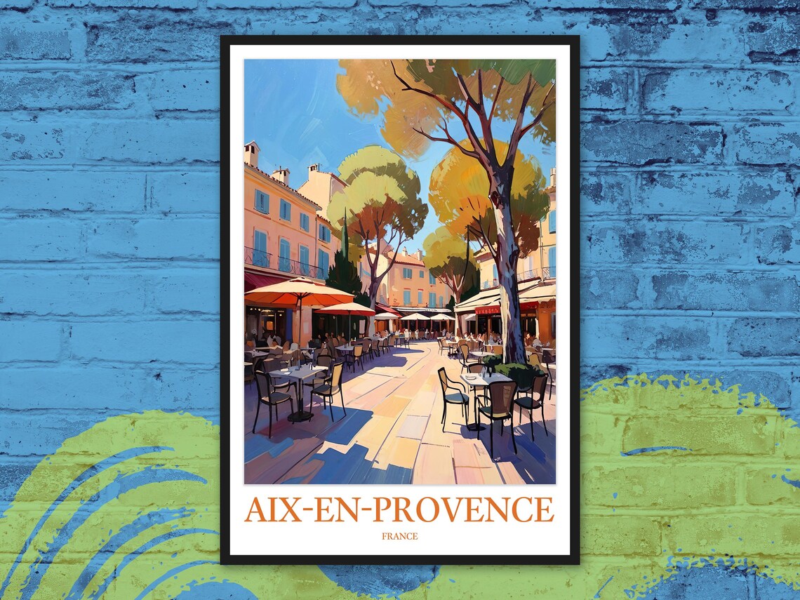 Aix-en-Provence Sunlit Cafe Terrace Illustration Travel Poster France