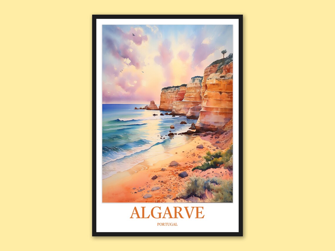 Algarve Portugal Pink Sky Coastal Cove Watercolor Travel Poster