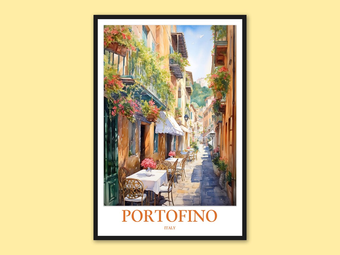 Portofino Italy Cafe Alley Flower Balcony Village Watercolor Poster