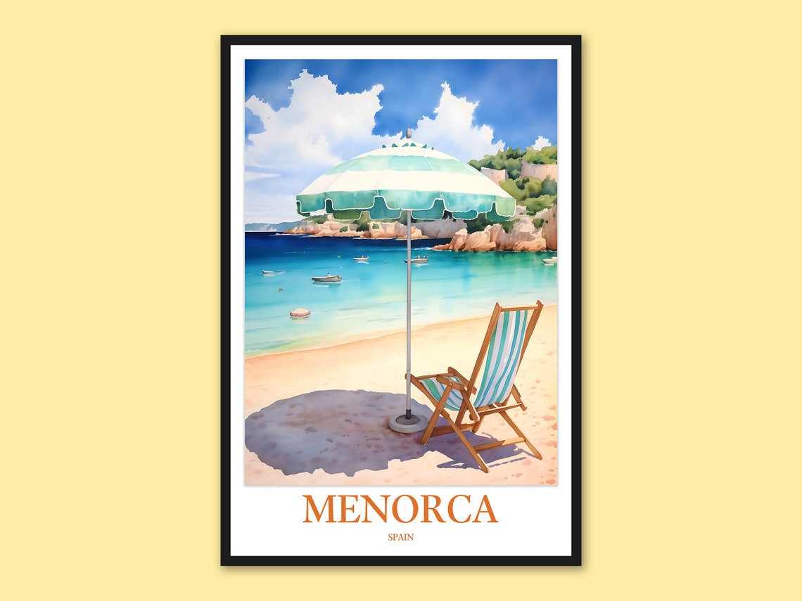 Menorca Spain Beach Umbrella and Deck Chair Summer Scene Poster