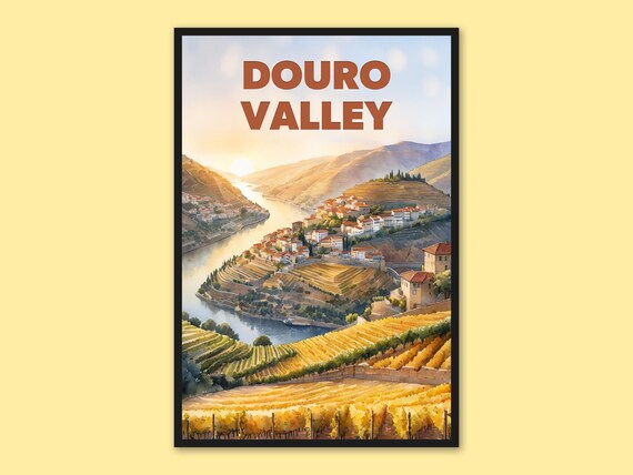 Douro Valley Portugal River Village Watercolor Travel Poster