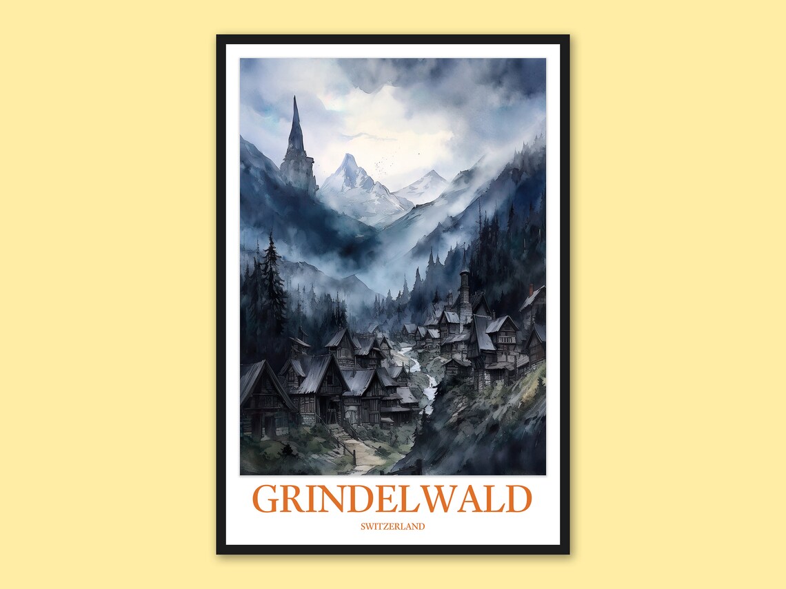 Grindelwald Misty Mountain Village Stormy Peaks Travel Poster
