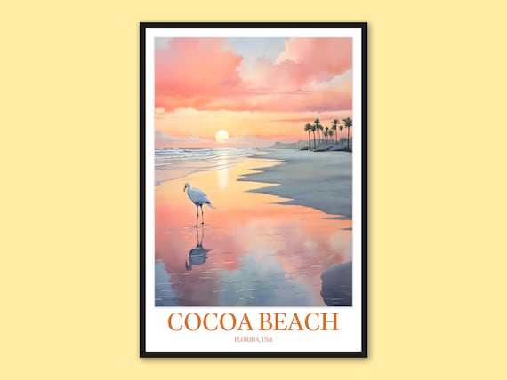 Cocoa Beach Florida Sunset Heron on Beach Watercolor Travel Poster