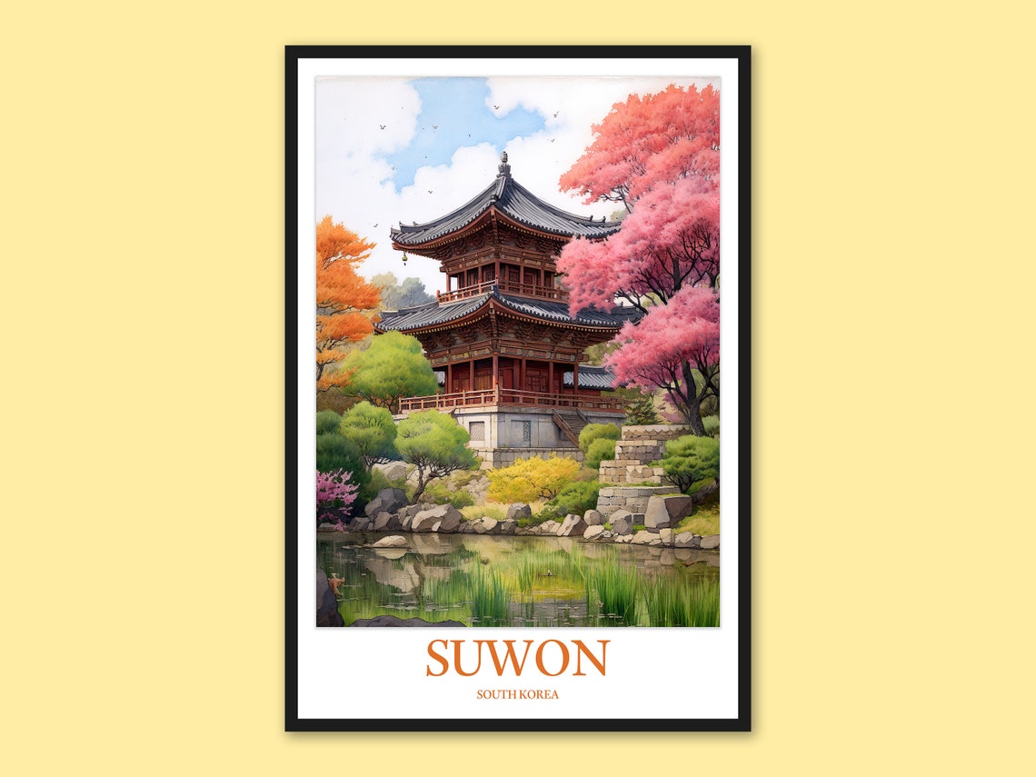 Suwon South Korea Palace Temple Cherry Blossom Travel Poster