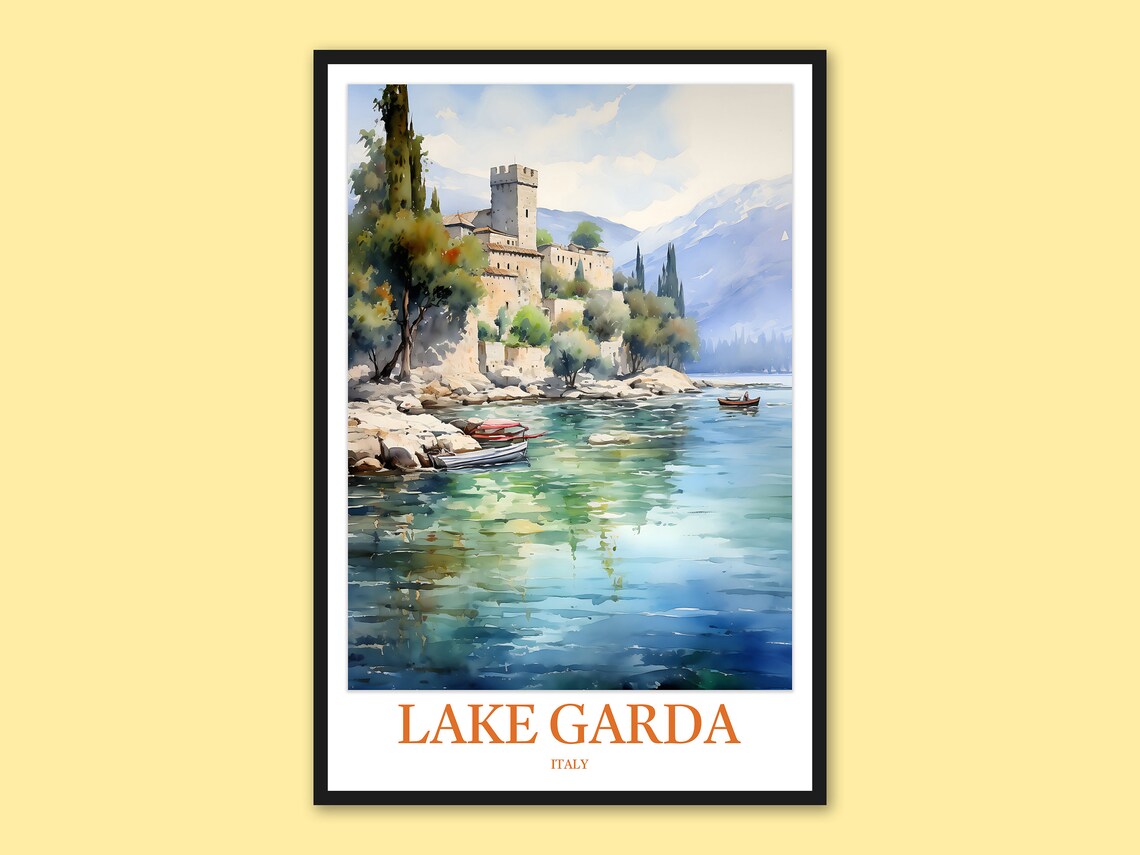 Lake Garda Watercolor Lakeside Tower and Rowboats Italy Travel Poster