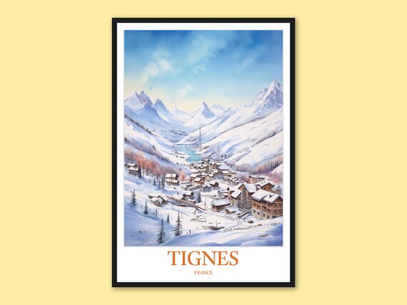 Tignes France Alpine Village and Lake Daytime Watercolor Poster
