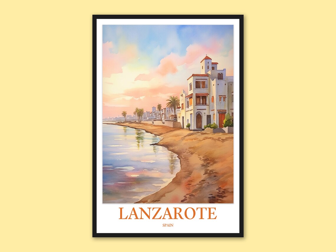 Lanzarote Spain White Waterfront Houses Watercolor Travel Poster