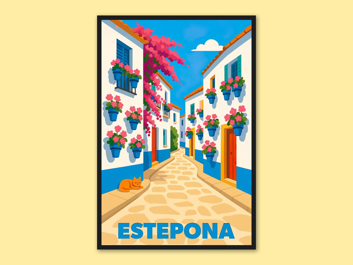 Estepona Spain Cobblestone Street Bougainvillea Cat Travel Poster
