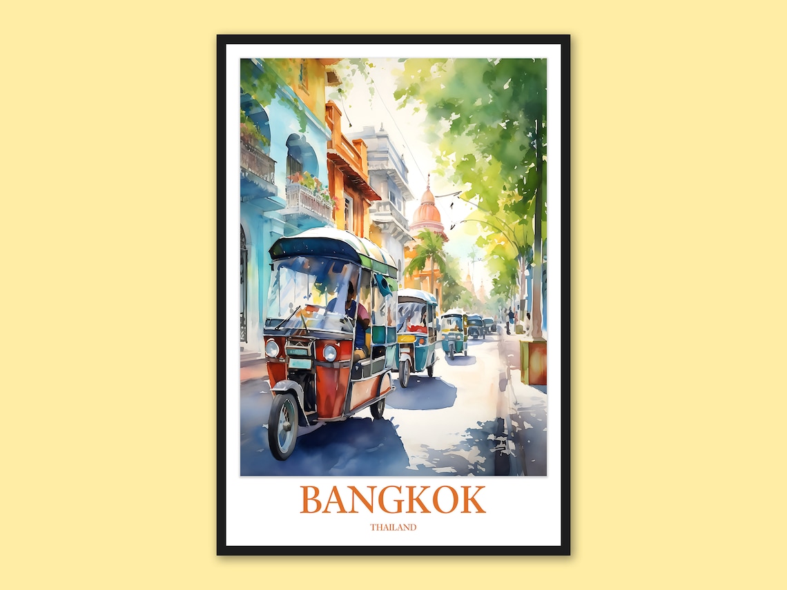 Bangkok Tuk Tuk Street Scene Watercolor Thailand Travel Poster