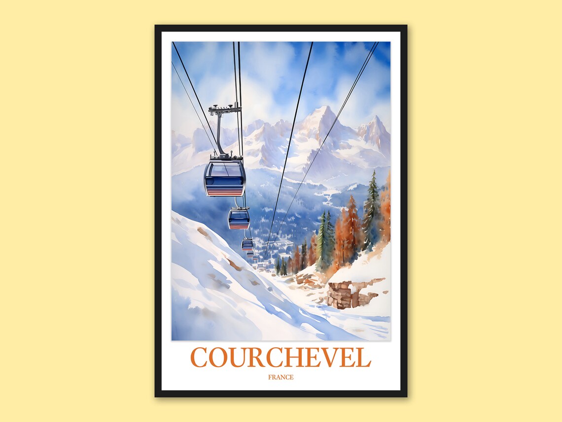 Courchevel French Alps Ski Gondola Ride Watercolor Travel Poster