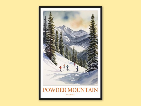 Powder Mountain Utah Skiers on Pine-Lined Powder Slope Travel Poster