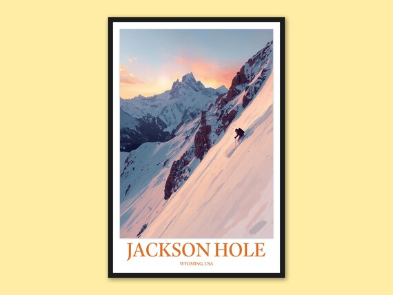 Jackson Hole Sunset Steep Powder Slope Skier Wyoming Ski Poster