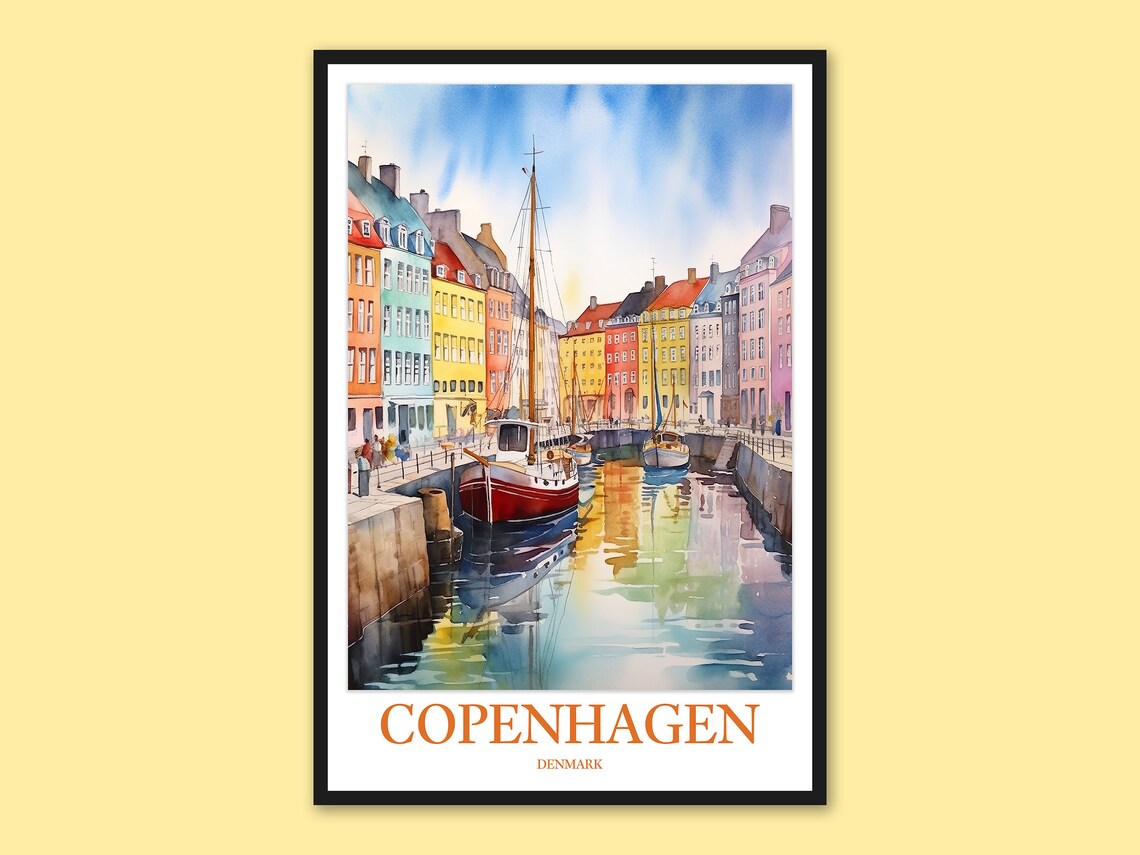 Copenhagen Travel Print, Colorful Canal Art