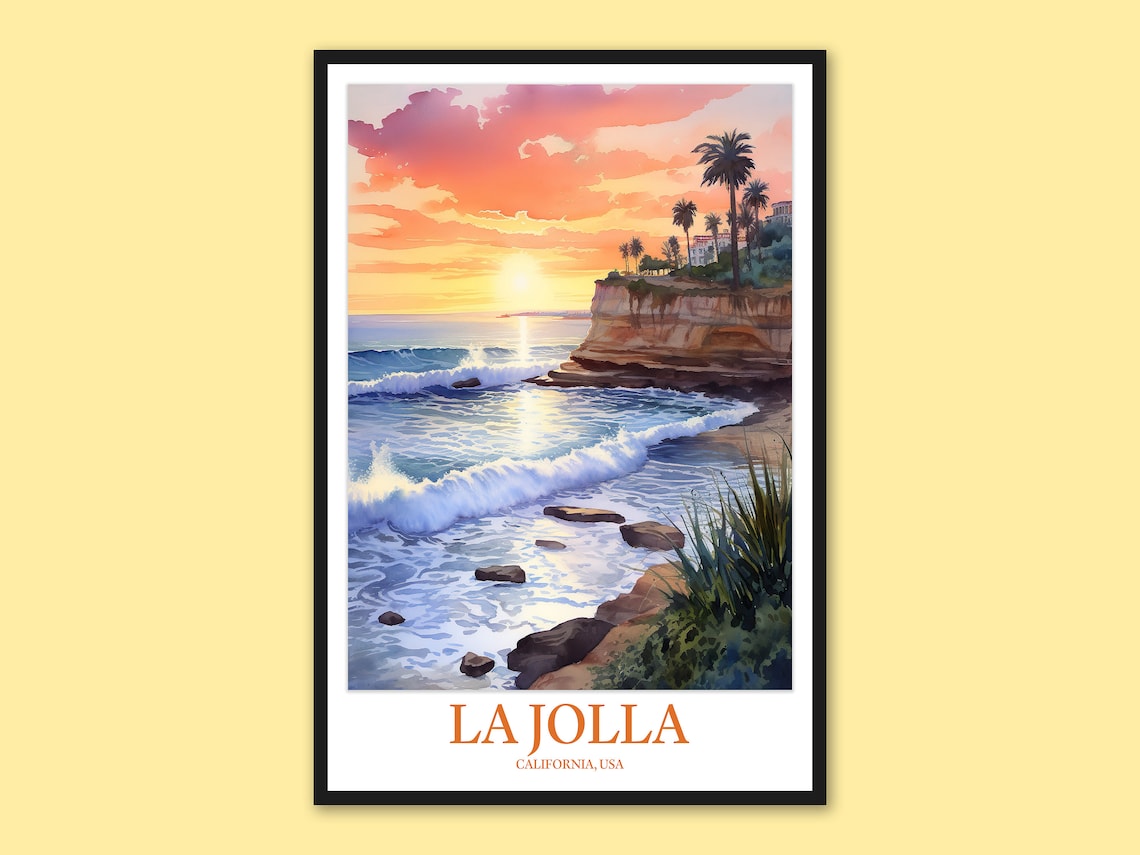 La Jolla California Sunset Cliffs Palm Trees Ocean Watercolor Travel Poster
