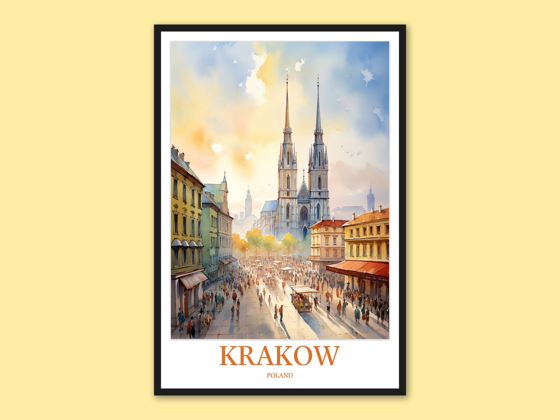 Krakow Poland Main Square St Marys Basilica Watercolor Travel Poster