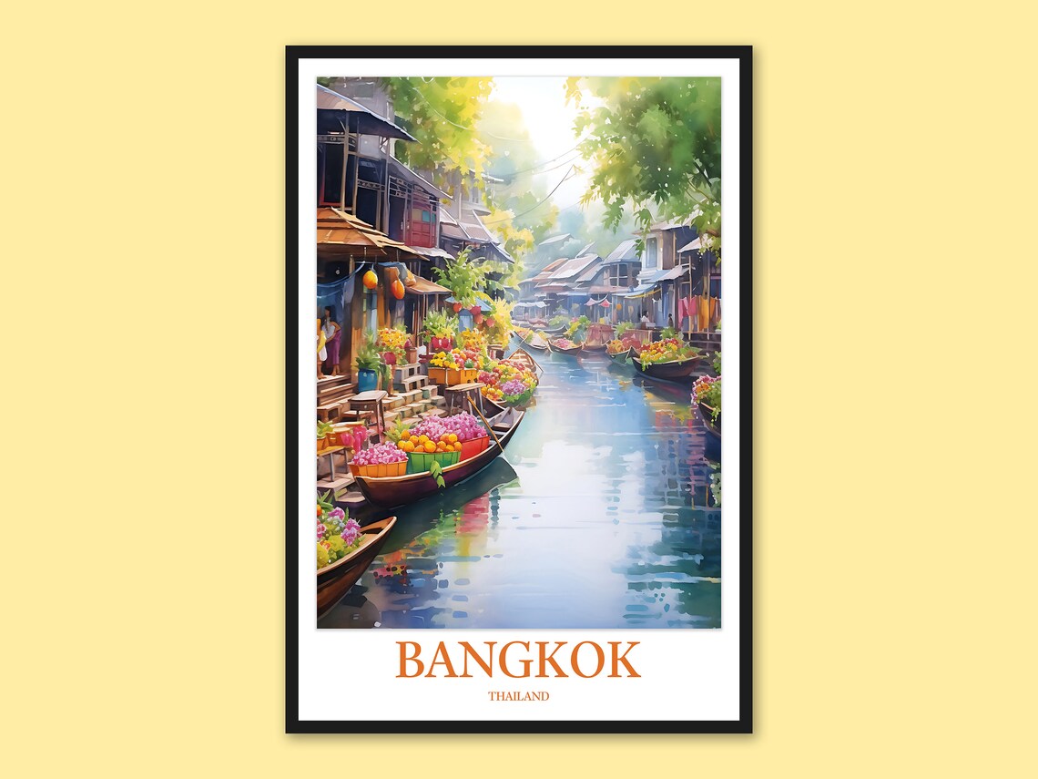 Bangkok Floating Market Canal Boats Watercolor Thailand Travel Poster