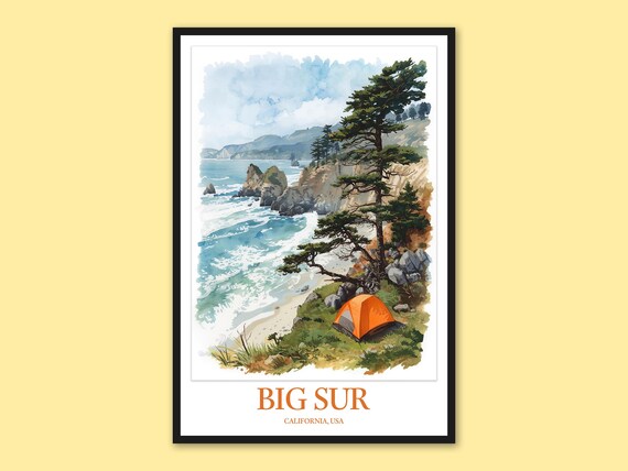 Big Sur California Ocean Bluff Tent Watercolor Camping Art Poster