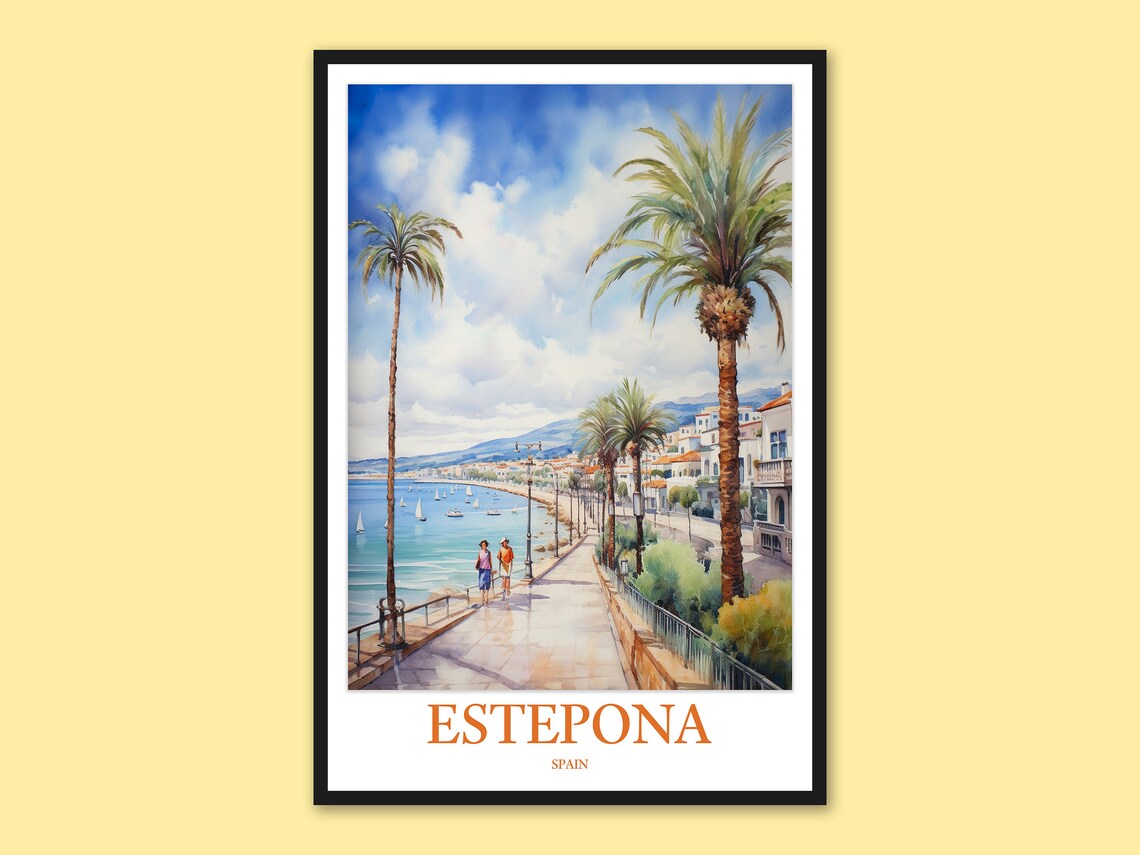Estepona Spain Seafront Palm Promenade Watercolor Travel Poster