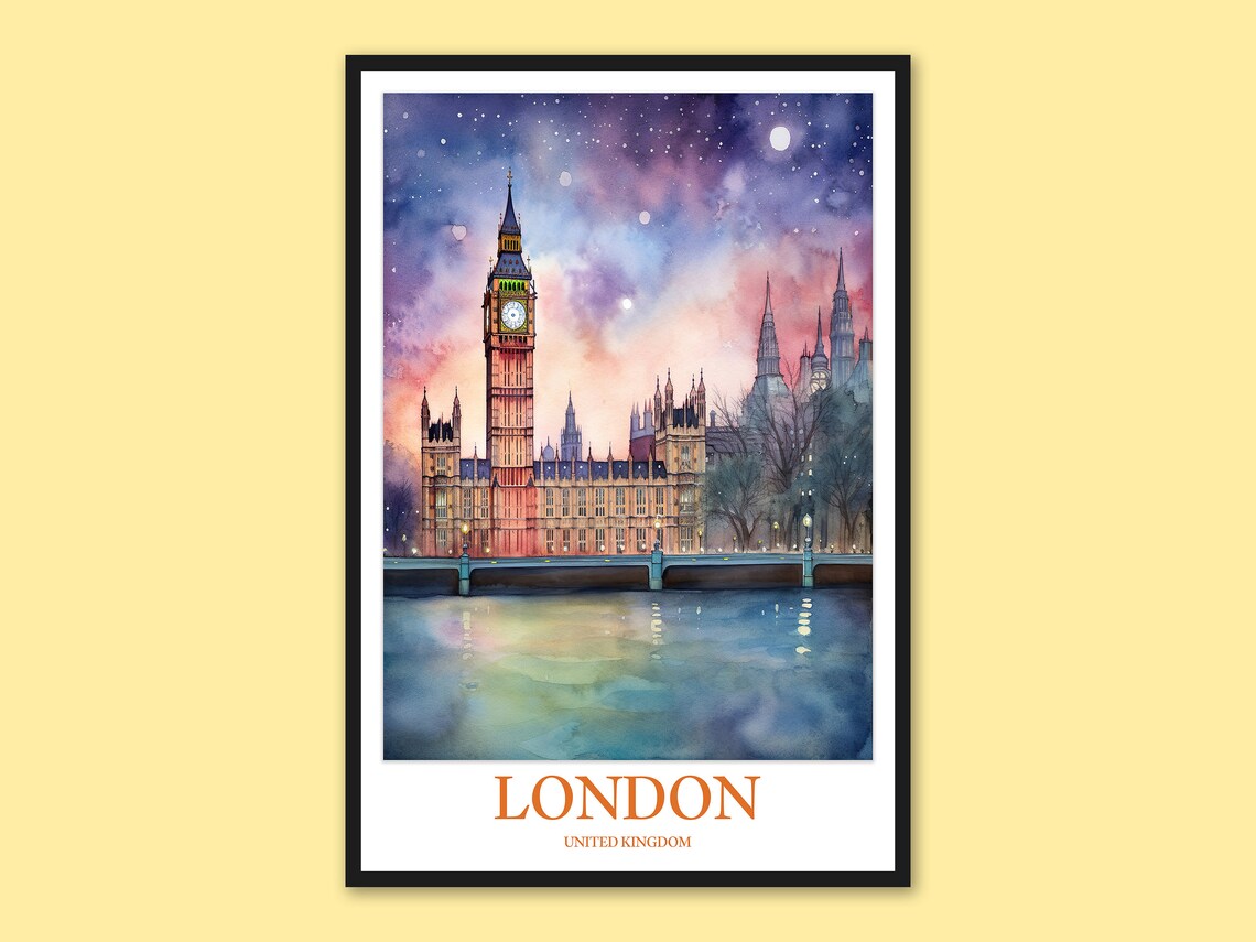 London Big Ben Night Watercolor United Kingdom Travel Poster