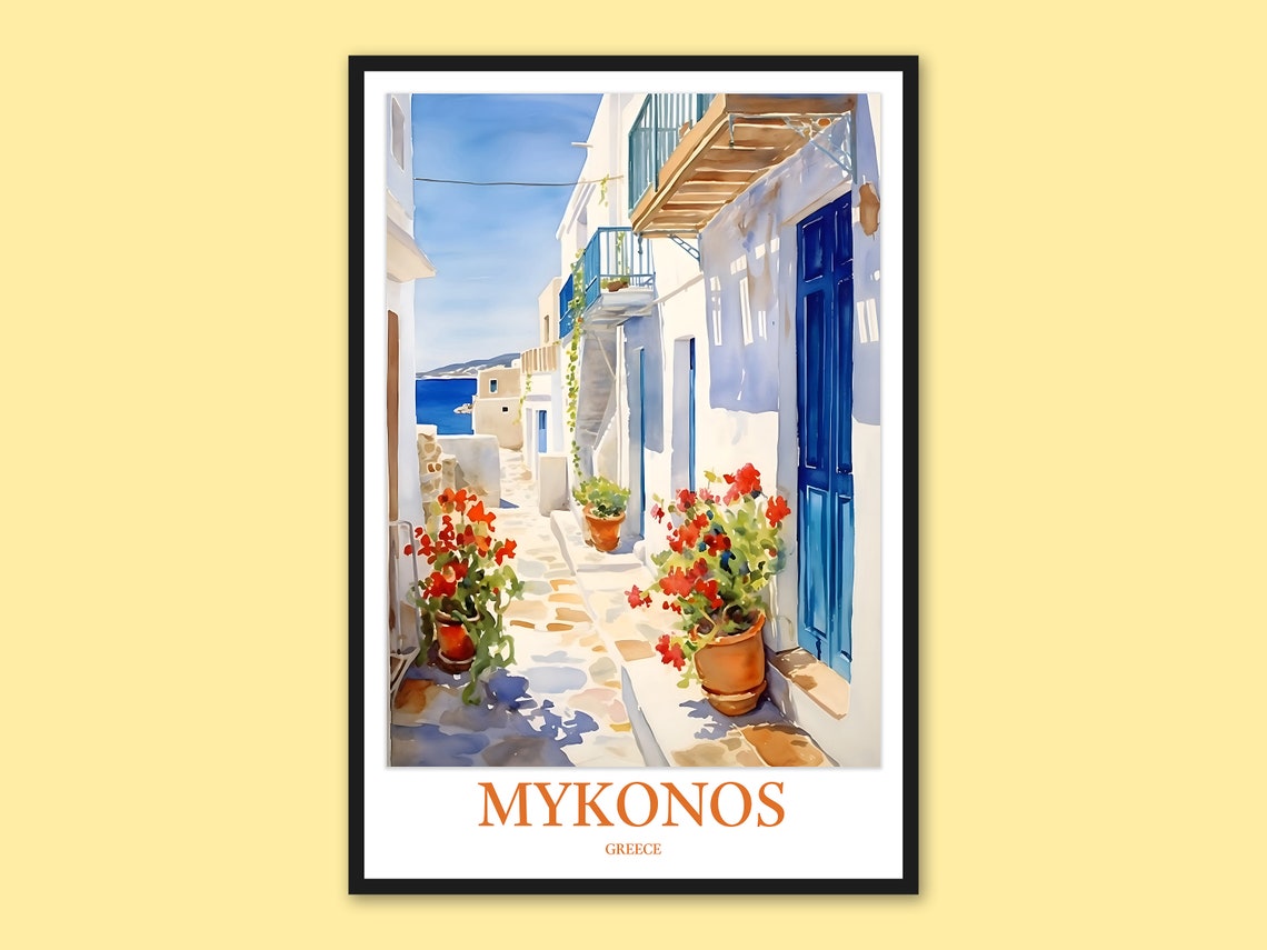 Mykonos Greece White Alley Blue Doors Geranium Travel Poster