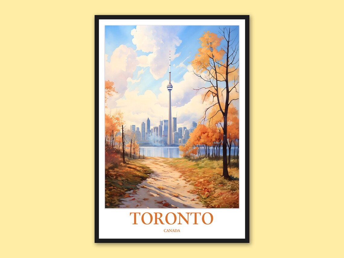 Toronto Canada CN Tower Autumn Lakeside Watercolor Travel Poster