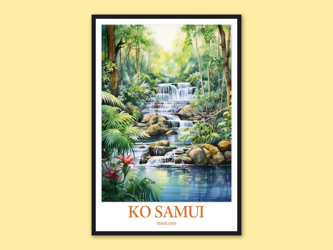 Ko Samui Thailand Jungle Waterfall Na Muang Watercolor Poster