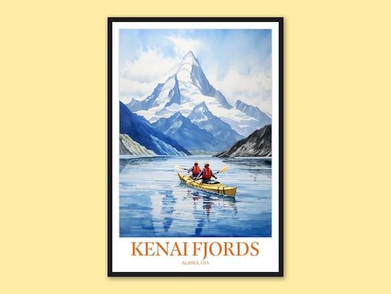 Kenai Fjords Alaska Snow Peaks Yellow Kayak Pair Travel Poster