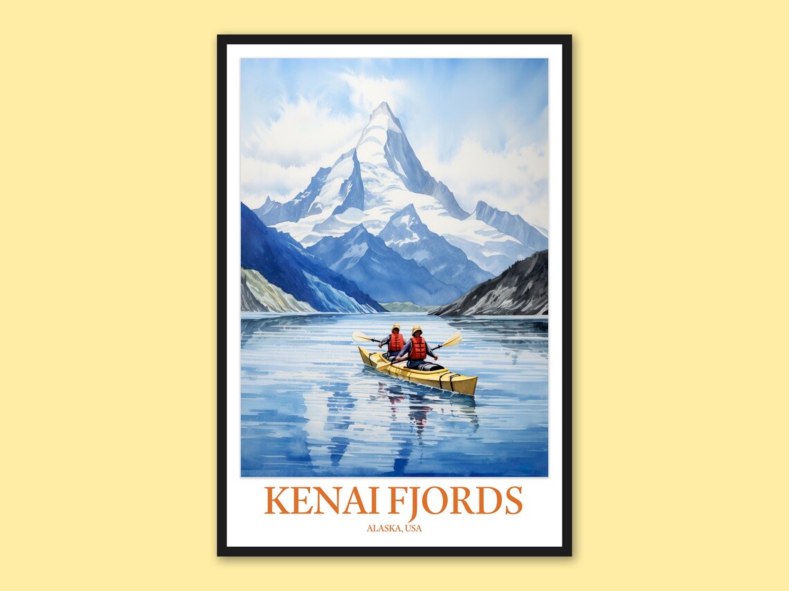 Kenai Fjords Alaska Snow Peaks Yellow Kayak Pair Travel Poster