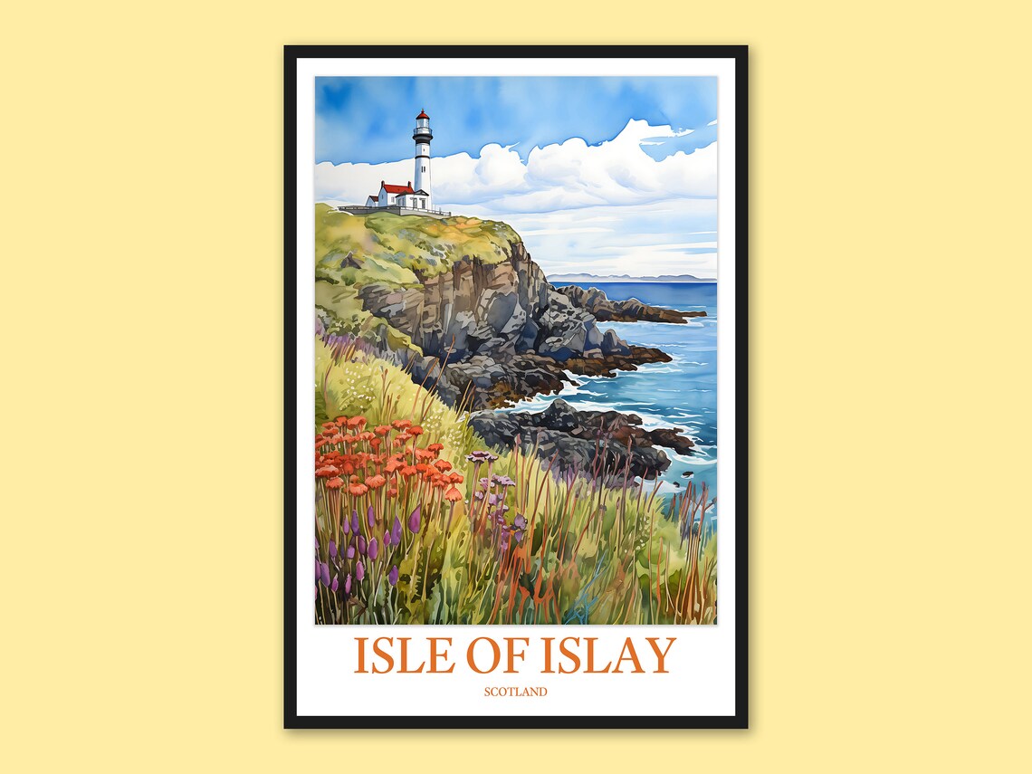 Isle of Islay Scotland Lighthouse Wildflowers Watercolor Travel Poster