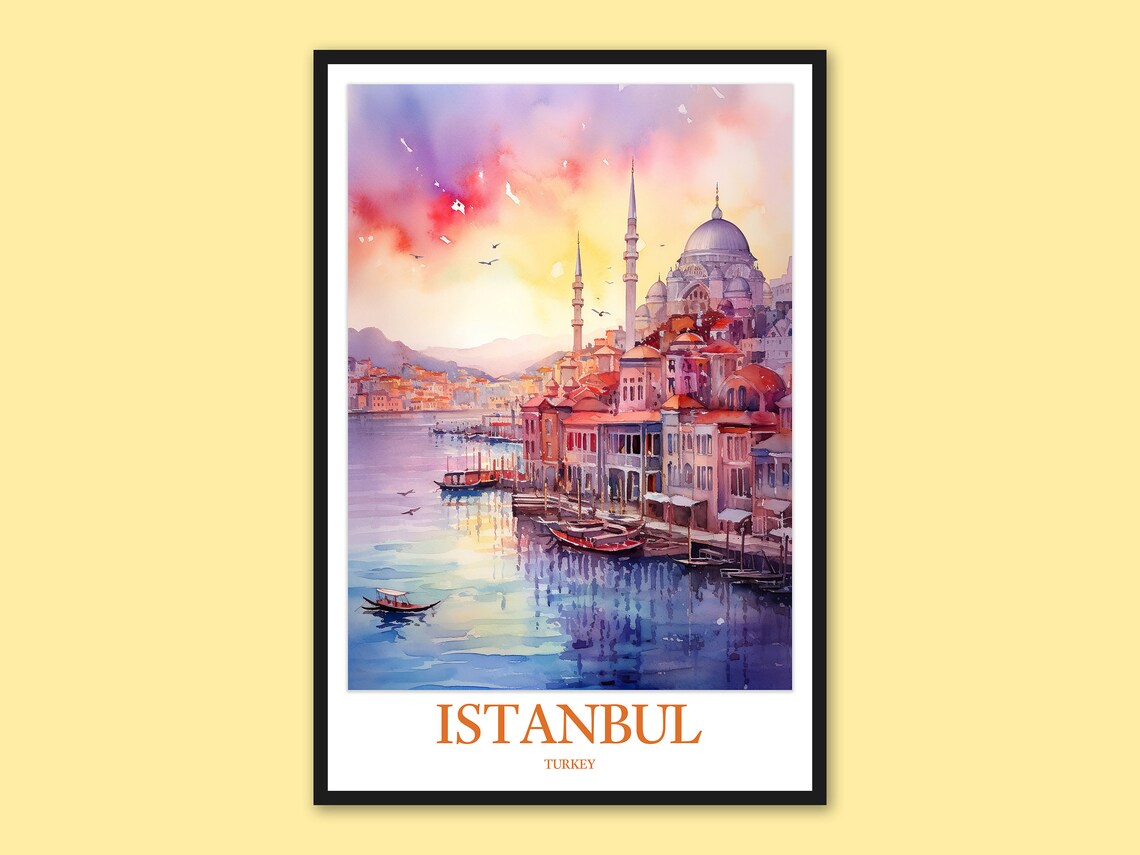 Istanbul Turkey Pink Sky Mosque Harbor Boats Watercolor Travel Poster
