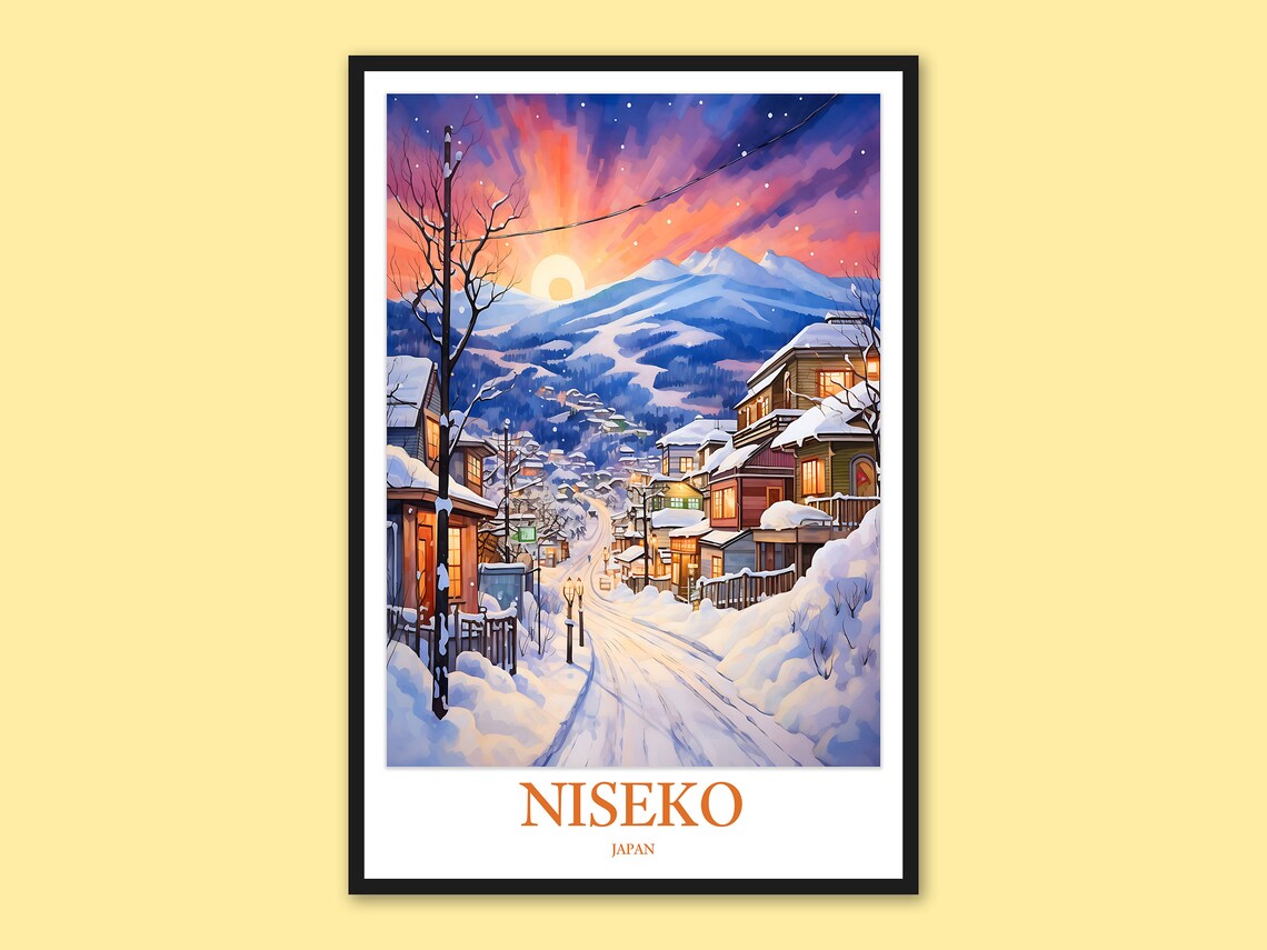 Niseko Japan Winter Village Travel Poster Snowy Mountain Sunset