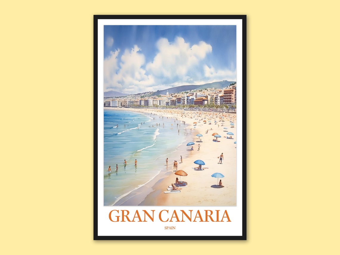 Gran Canaria Spain Curved Bay Watercolor Beach Travel Art Poster