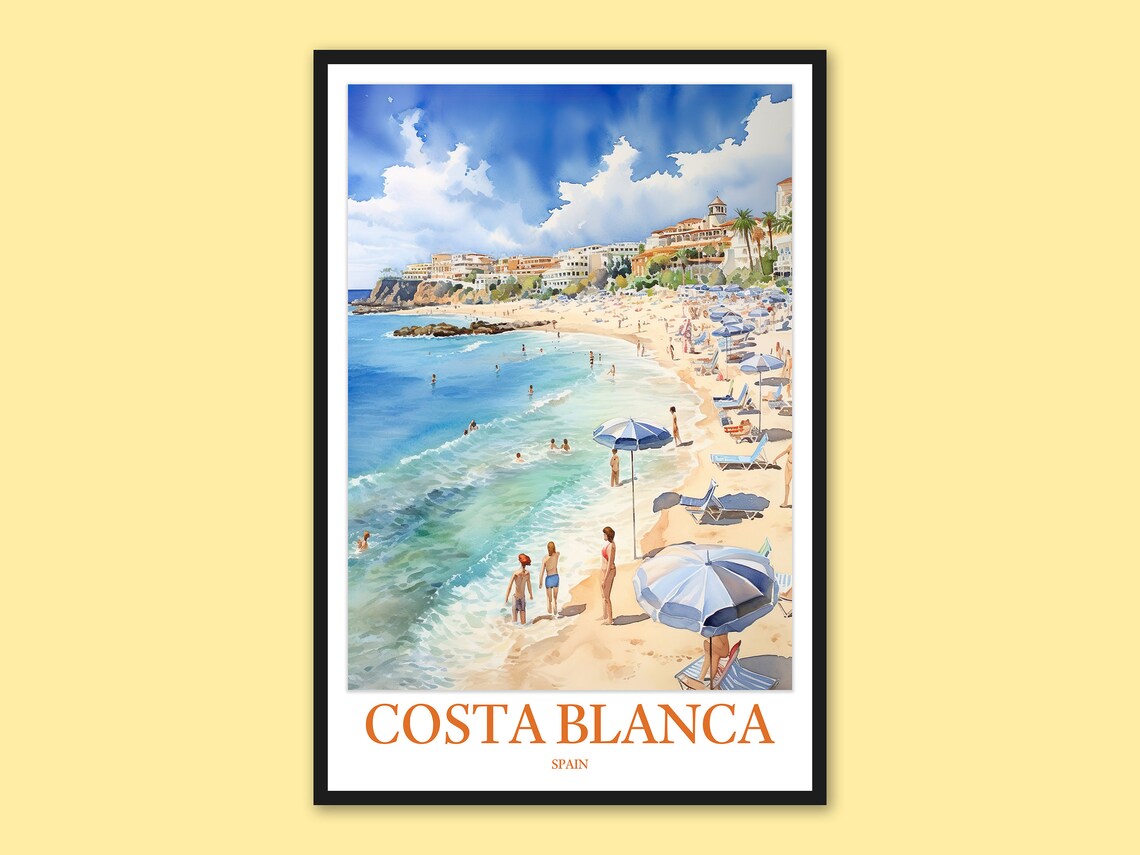 Costa Blanca Spain Sunny Beach Swimmers Watercolor Travel Poster