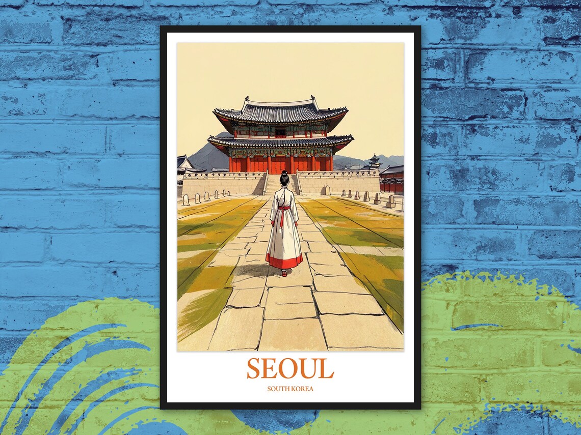 Seoul Gyeongbokgung Palace Hanbok Walk Vintage Travel Poster